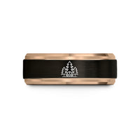 unique anniversary present ideas – black & rose gold tungsten pine forest silhouette wedding band