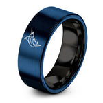 men’s engraved present ring – black & blue tungsten blue marlin ring