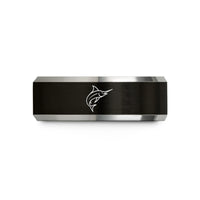 men’s engraved present ring – black & gray tungsten blue marlin wedding band