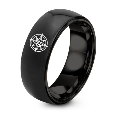 Compass Rose – Tungsten Wedding Band, 8 mm, Black Comfort-Fit Unisex