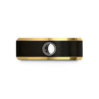 mens wedding bands simple – black & gold tungsten waning gibbous circle wedding band