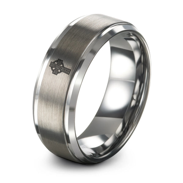 Celtic Cross – Tungsten Wedding Band, 8 mm, Silver Comfort-Fit Unisex