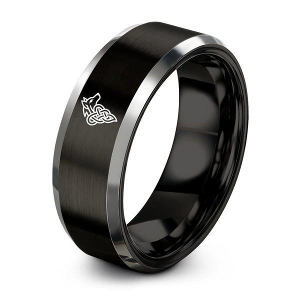Celtic Wolf Knot – Tungsten Wedding Band, 8 mm, Gray, Black Comfort-Fit Unisex