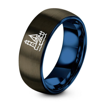 Harbor or Marina – Tungsten Wedding Band, 8 mm, Gunmetal, Blue Comfort-Fit Unisex