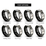 font options for inside engraving on black & silver hazard stripe pattern rings