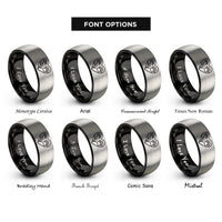 font options for inside engraving on black & gray heart accent rings
