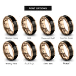 font options for inside engraving on black & rose gold heart circle arrow rings
