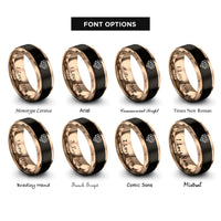 font options for inside engraving on black & rose gold heart cut gem rings