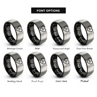 font options for inside engraving on black & gray heart equal sign rings