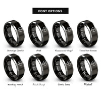 font options for inside engraving on black & silver heart equal sign rings