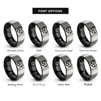 font options for inside engraving on black & gray heart infinity rings