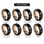 font options for inside engraving on black & rose gold heart notes circle rings