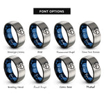 font options for inside engraving on black & blue & gray heart pulse rings