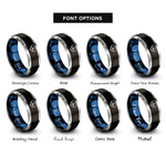 font options for inside engraving on black & blue & grey heart pulse rings
