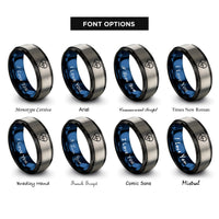 font options for inside engraving on black & blue & gray heart pulse rings