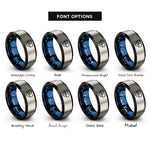 font options for inside engraving on black & blue & gray heart pulse rings