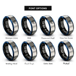 font options for inside engraving on black & blue & gray heart pulse rings