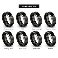 font options for inside engraving on black & silver heart pulse rings