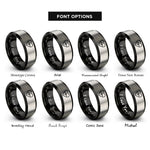 font options for inside engraving on black & silver heart pulse rings