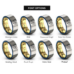 font options for inside engraving on gold & blue & grey heart wave crest rings