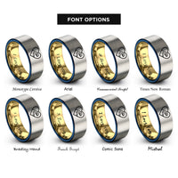 font options for inside engraving on gold & blue & grey heart wave crest rings