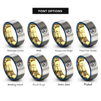 font options for inside engraving on gold & blue & silver heart wave crest rings