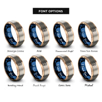 font options for inside engraving on rose gold & blue & gray heart wave crest rings