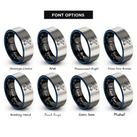 font options for inside engraving on black & blue & grey heelflip mid air rings