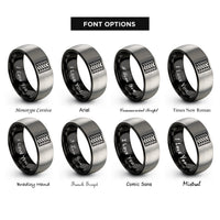 font options for inside engraving on black & grey herringbone rings