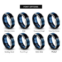 font options for inside engraving on blue & gray hex circuit pattern rings