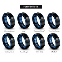 font options for inside engraving on black & blue hex ring honeycomb rings