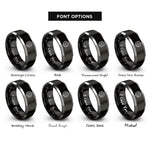font options for inside engraving on black & gray hexagon topo lines rings
