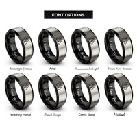 font options for inside engraving on black & grey hiker crossing symbol rings