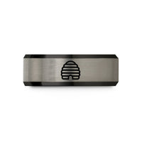custom engraved couple rings – black & silver tungsten beehive skep wedding band