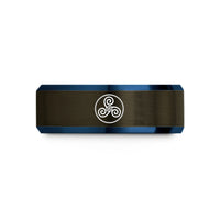 engraved wedding rings men – gunmetal & blue tungsten triskelion triskele wedding band