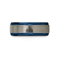 engraved couples rings gift – blue & silver tungsten new york skyline wedding band