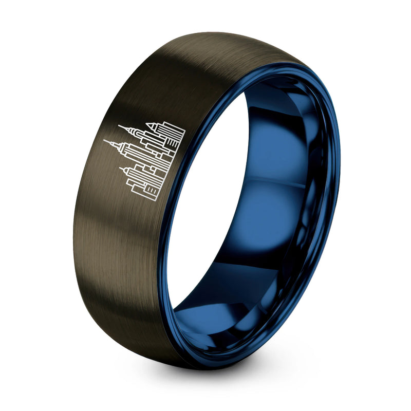 New York Skyline – Tungsten Wedding Band, 8 mm, Gunmetal, Blue Comfort-Fit Unisex