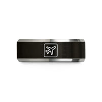 stylish his her bands – black & gray tungsten airplane silhouette stamp wedding band