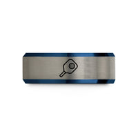 matching couples ring bands – black & blue & grey tungsten pickleball paddle ball wedding band