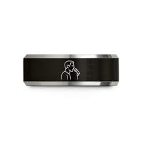 matching couple ring set – black & grey tungsten singer silhouette microphone wedding band