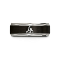 engraved rings for couples – black & blue & grey tungsten triquetra wedding band