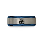 engraved rings for couples – blue & silver tungsten triquetra wedding band