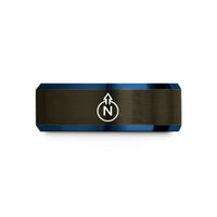 unisex promise ring ideas – gunmetal & blue tungsten magnetic north symbol wedding band