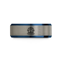 personalized engraved rings – black & blue & silver tungsten sailboat compass wedding band