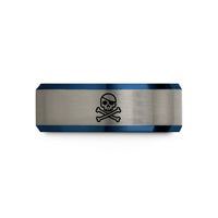 matching tungsten wedding bands – black & blue & silver tungsten eyepatch skull crossbones wedding band