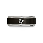 matching couples wedding rings – black & blue & silver tungsten saturn planet glyph wedding band