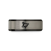 engraved wedding band set – black & blue & grey tungsten saturn planet glyph wedding band