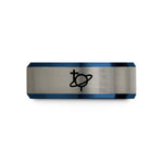 unisex wedding ring set – black & blue & gray tungsten saturn planet glyph wedding band
