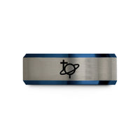 unisex wedding ring set – black & blue & gray tungsten saturn planet glyph wedding band