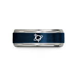 engraved wedding band set – blue & grey tungsten saturn planet glyph wedding band